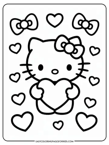 Cartoon cat with a bow holding a heart, surrounded by smaller hearts and bows.