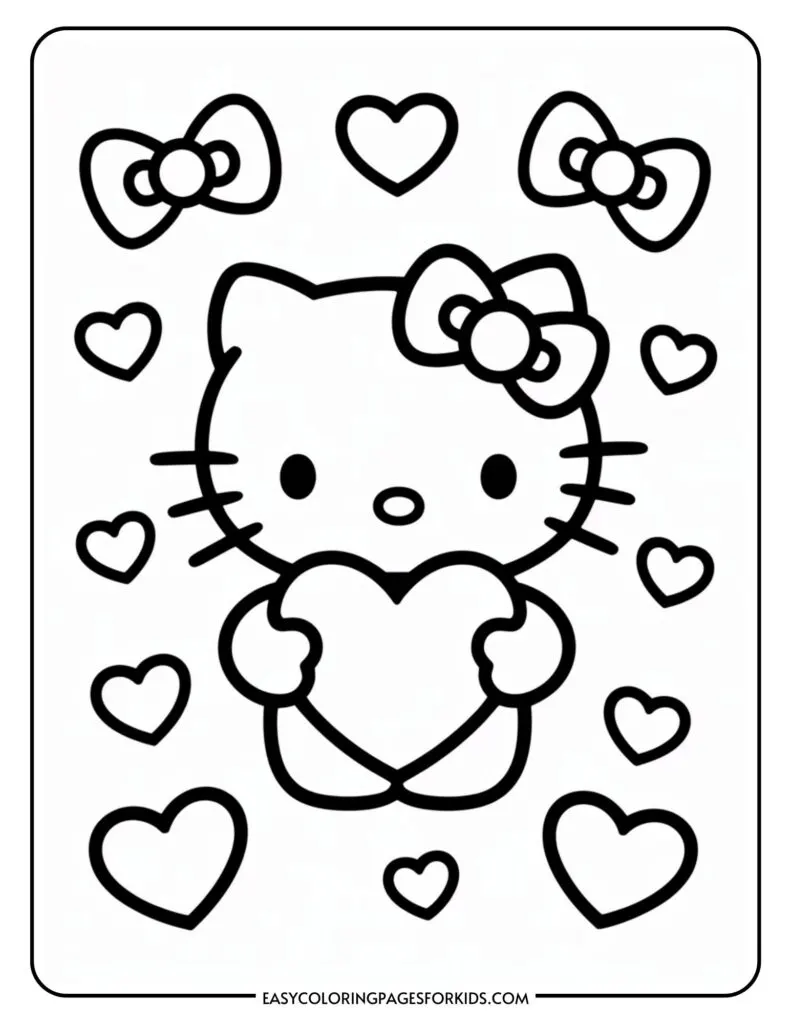 Cartoon cat with a bow holding a heart, surrounded by smaller hearts and bows.