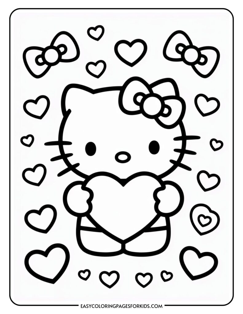 Cartoon cat character holding a large heart, surrounded by smaller hearts and bows.