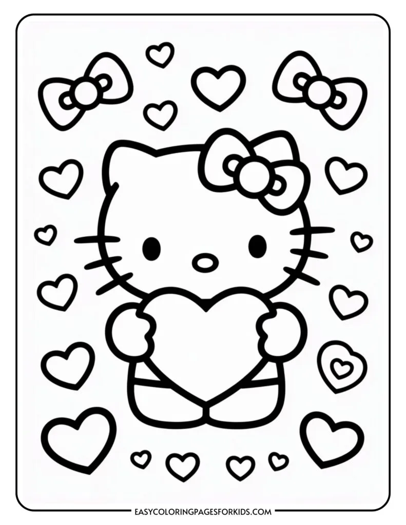 Cartoon cat character holding a large heart, surrounded by smaller hearts and bows.