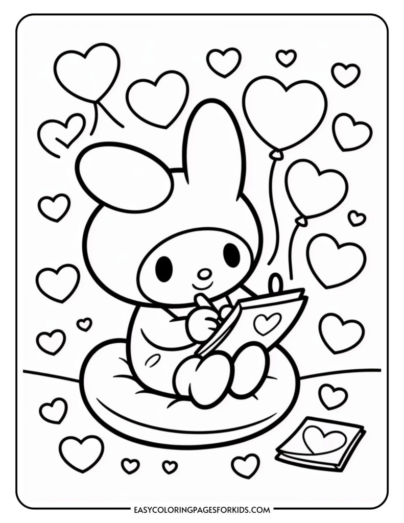 A cartoon bunny writing on a notepad, surrounded by hearts and holding a balloon.