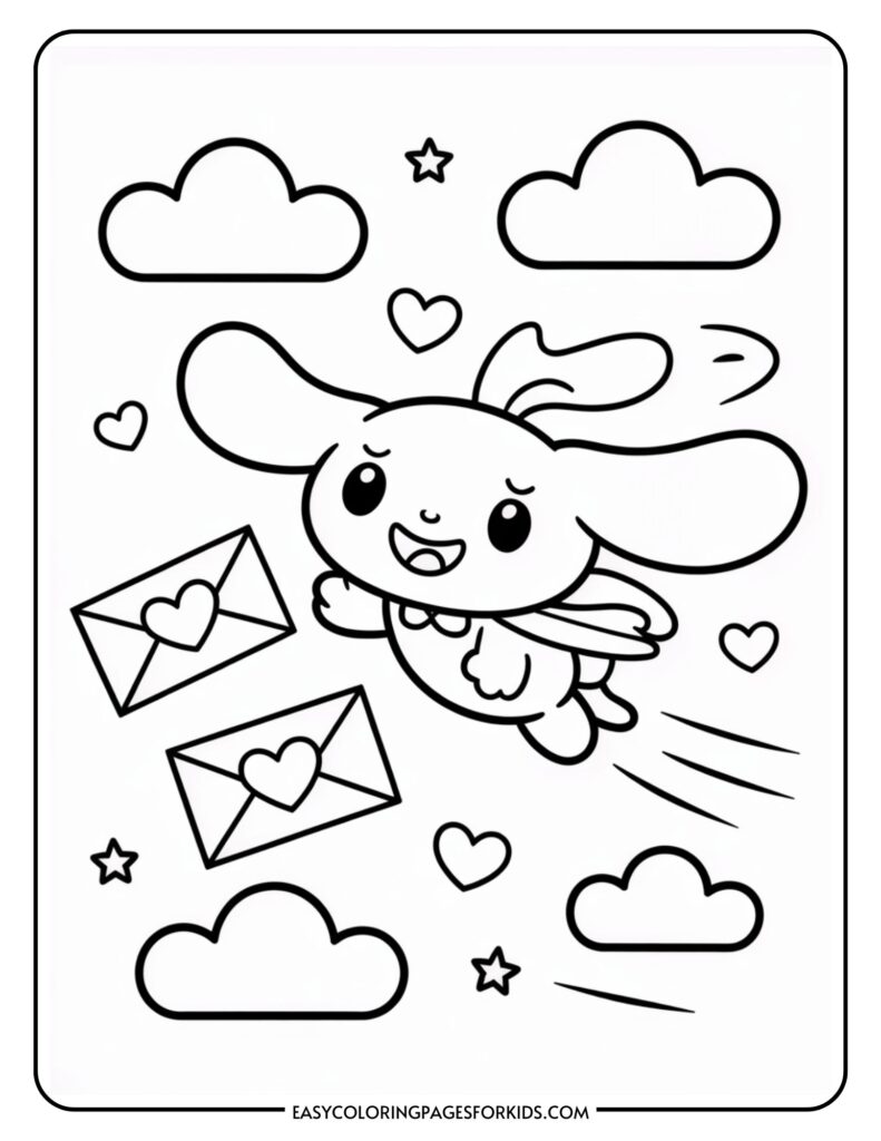 Cute flying cartoon character with long ears surrounded by floating envelopes, stars, and clouds.