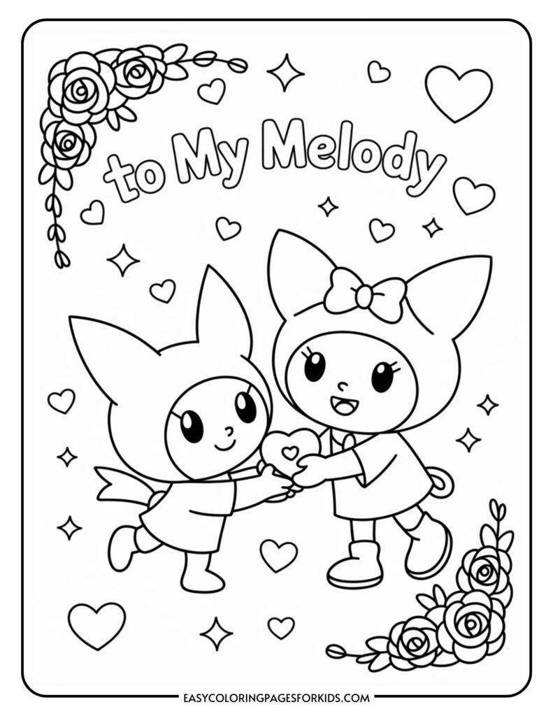 Two cartoon characters holding a heart framed by flowers and stars, with the text "to My Melody."