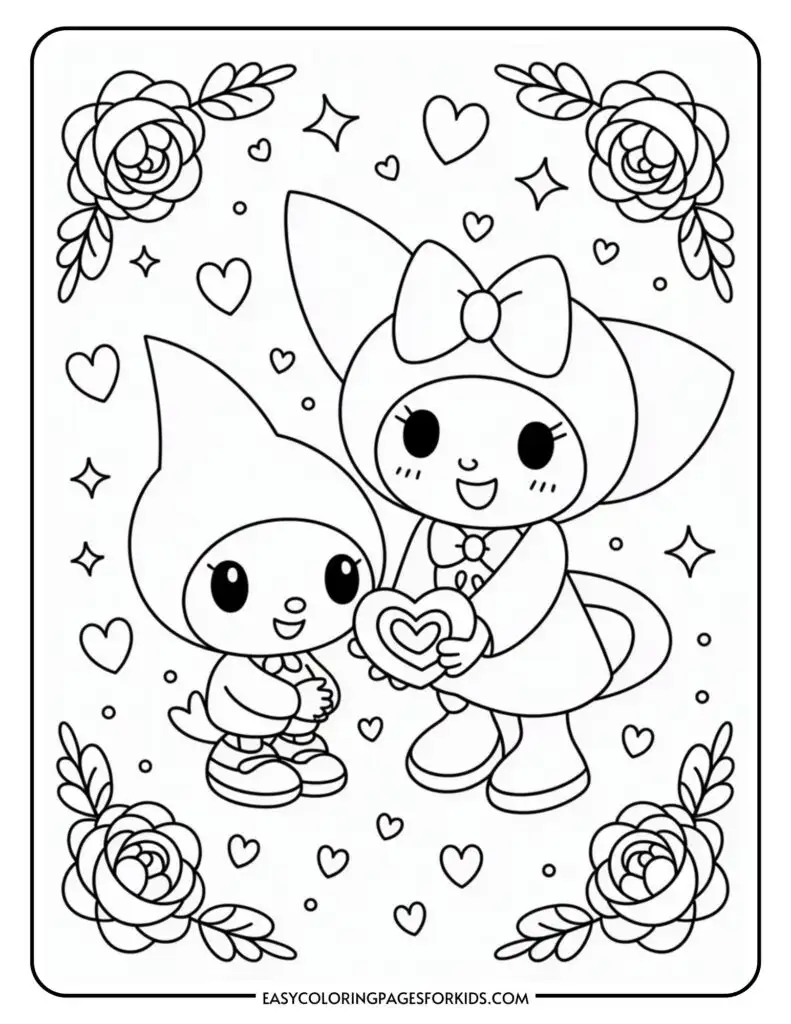 Two cute cartoon characters surrounded by roses and hearts, holding a heart-shaped object together.