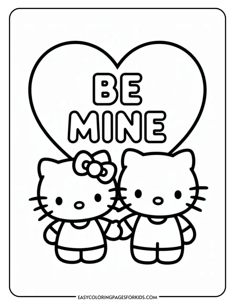 Two cartoon characters holding hands in front of a heart with the words "Be Mine."