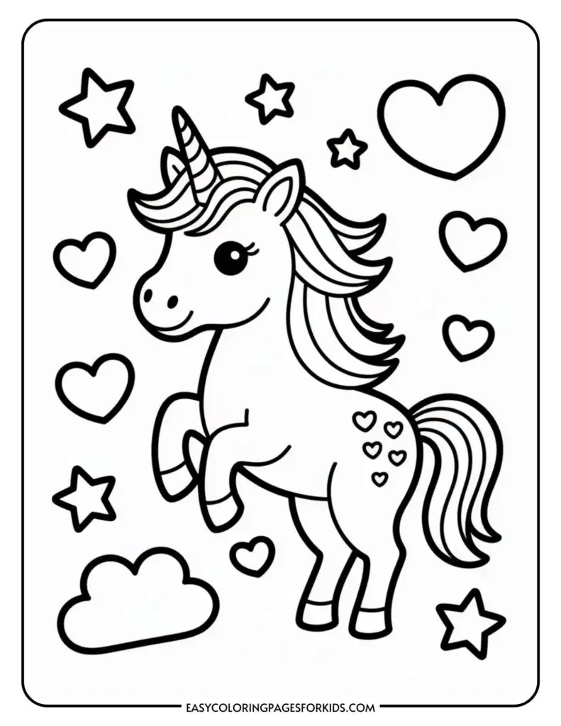 A unicorn surrounded by stars, hearts, and a cloud, designed for coloring.