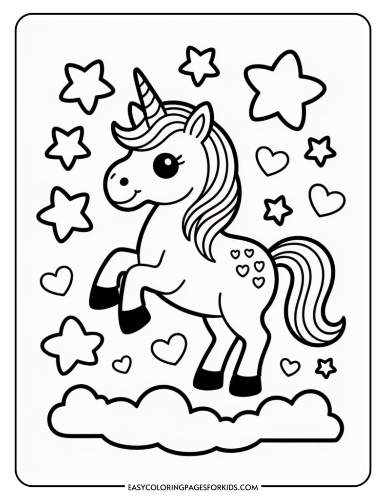 A cartoon unicorn with a flowing mane stands on a cloud, surrounded by hearts and stars.