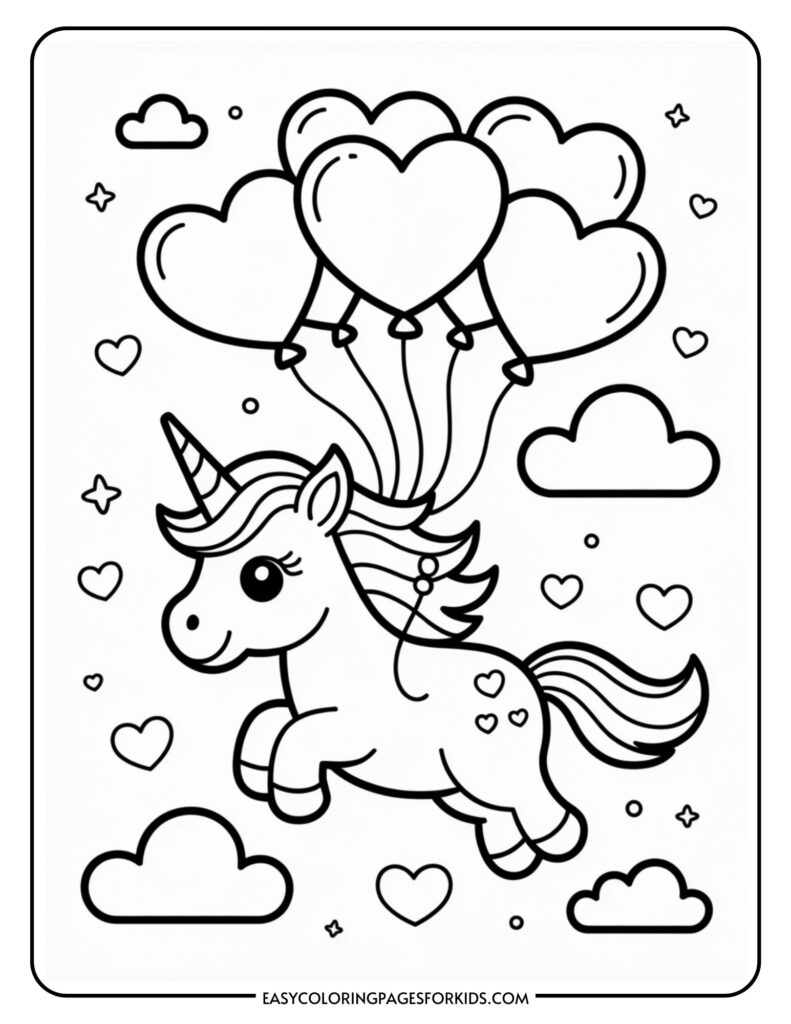 A unicorn with balloons and hearts floats among clouds.