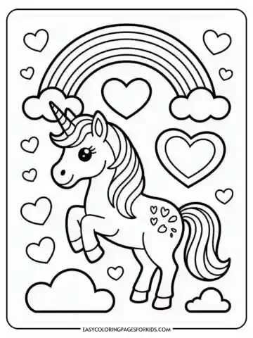 A coloring page featuring a unicorn with hearts, a rainbow, and clouds in the background.