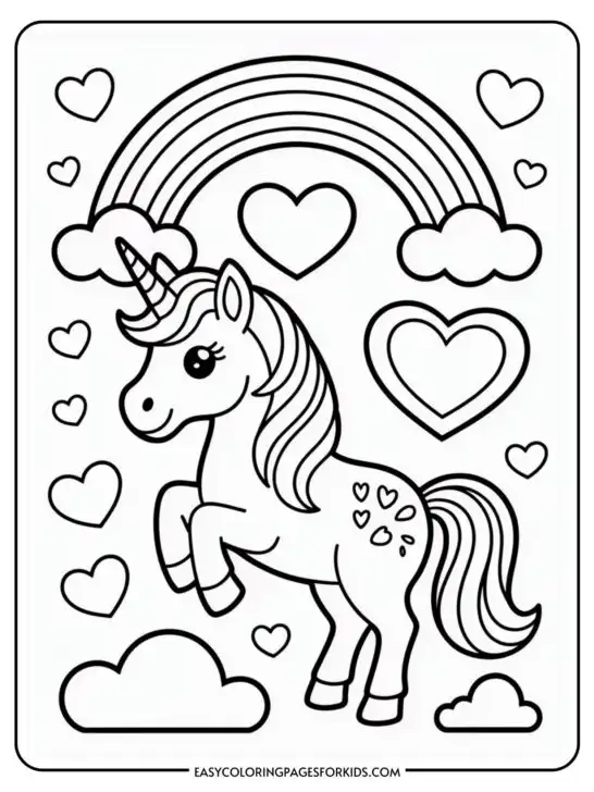 A coloring page featuring a unicorn with hearts, a rainbow, and clouds in the background.