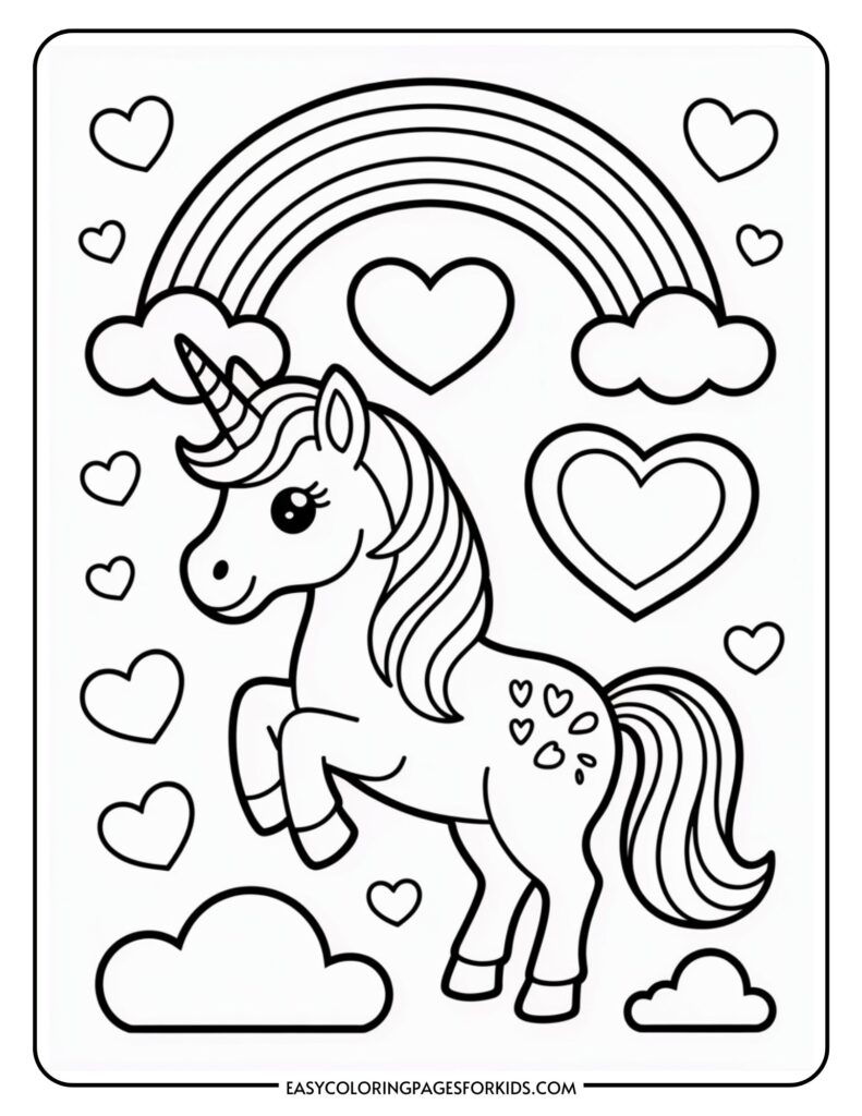 A coloring page featuring a unicorn with hearts, a rainbow, and clouds in the background.