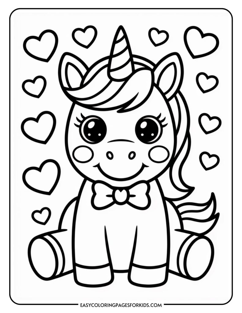 A cute cartoon unicorn with big eyes and a bow tie, surrounded by hearts.