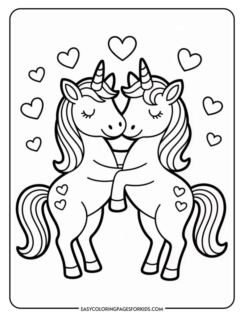 Two unicorns standing on hind legs, facing each other with hearts around them.