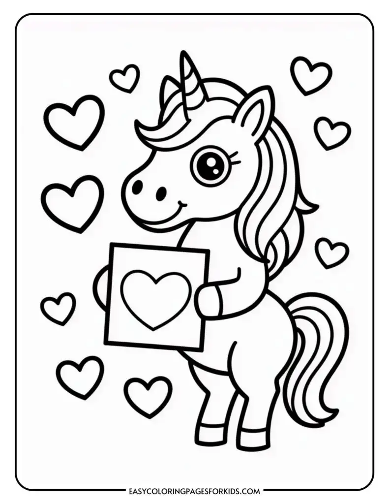 A cute unicorn holding a paper with a heart, surrounded by floating hearts.