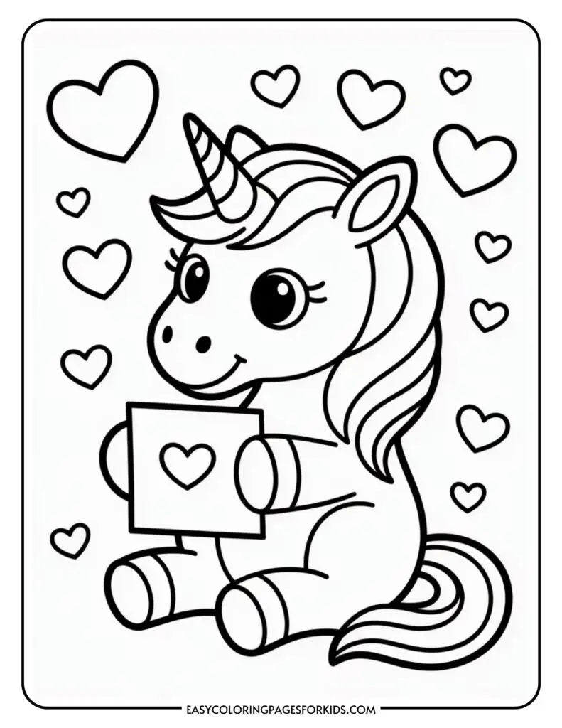 A cute cartoon unicorn holding a heart-themed card, surrounded by floating hearts.