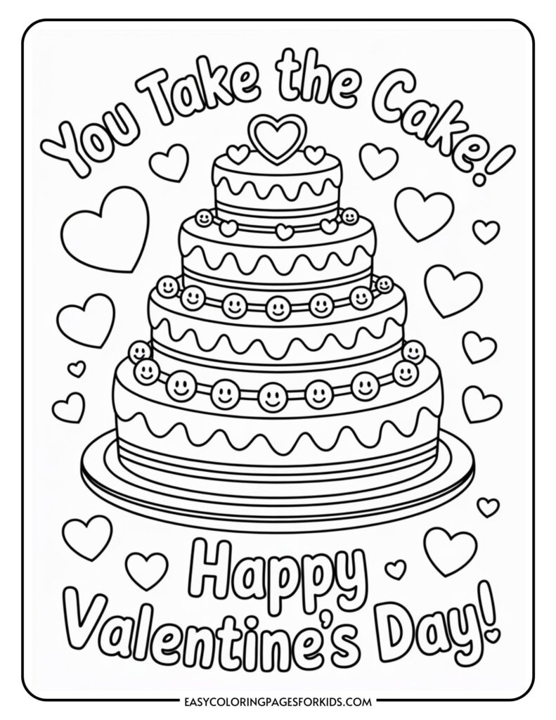 Coloring page featuring a decorated cake with hearts and the words "You Take the Cake! Happy Valentine's Day!"