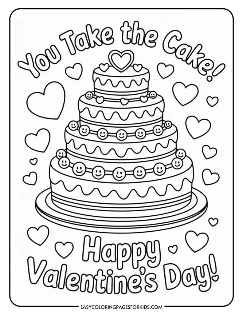Coloring page featuring a decorated cake with hearts and the words "You Take the Cake! Happy Valentine's Day!"