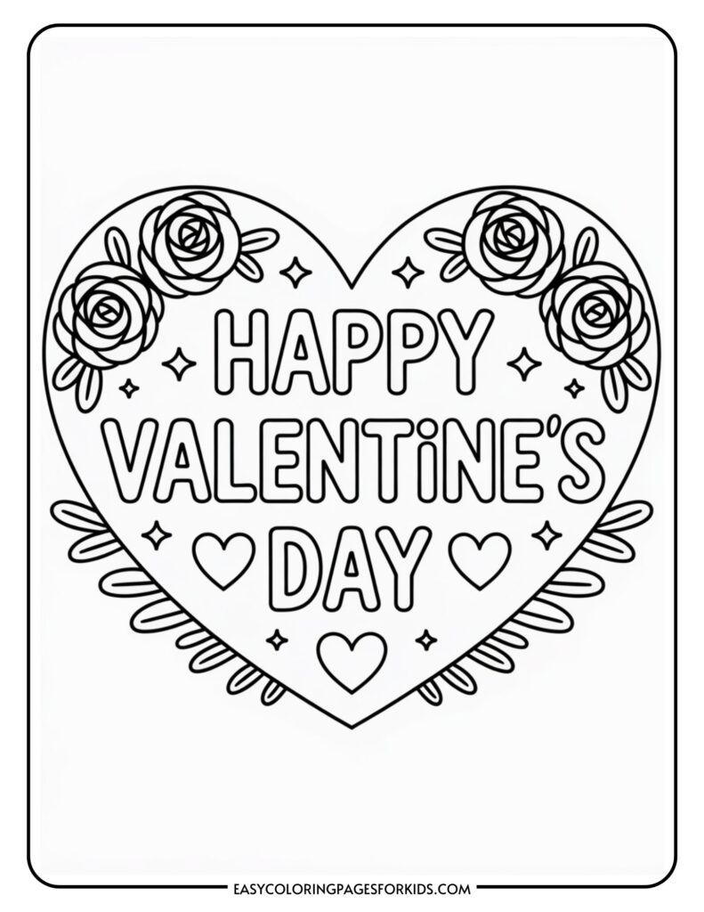 Heart-shaped coloring page with "Happy Valentine's Day" text surrounded by roses and small hearts.