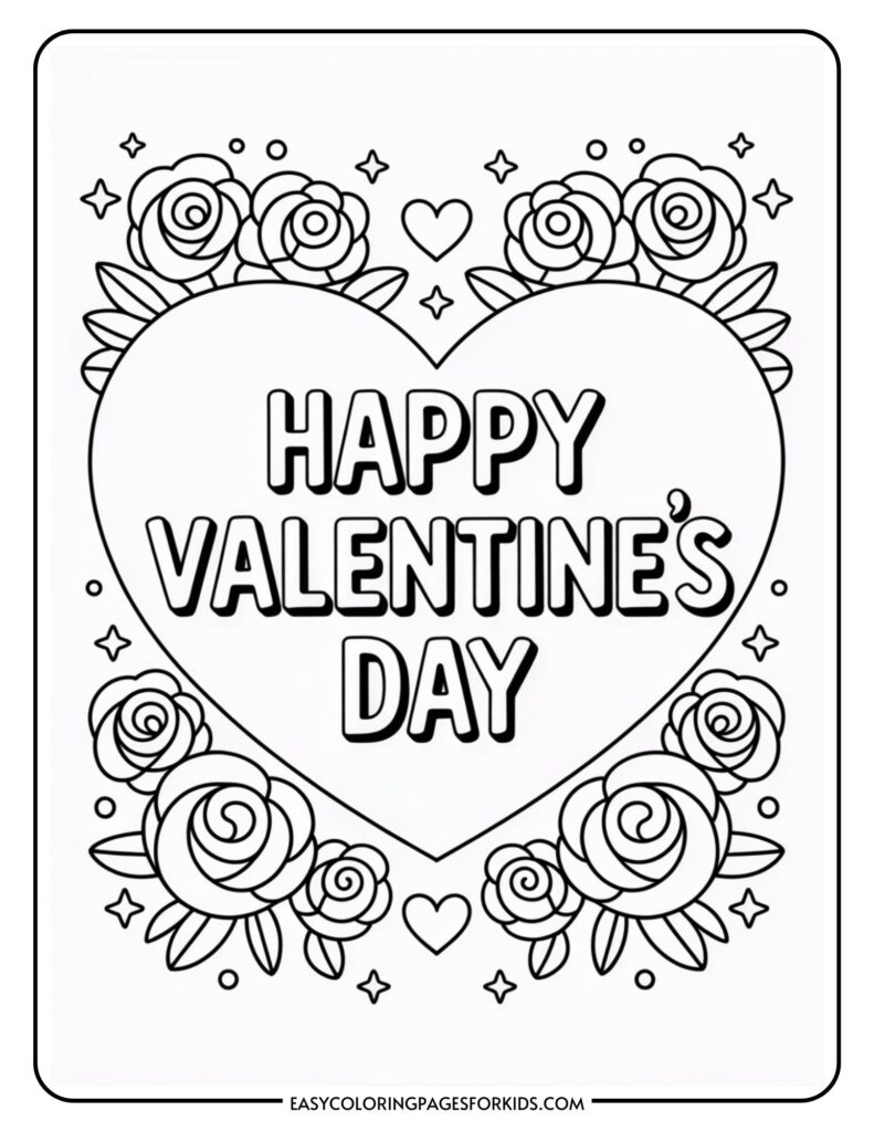 Coloring page with "Happy Valentine's Day" inside a heart, surrounded by roses and stars.