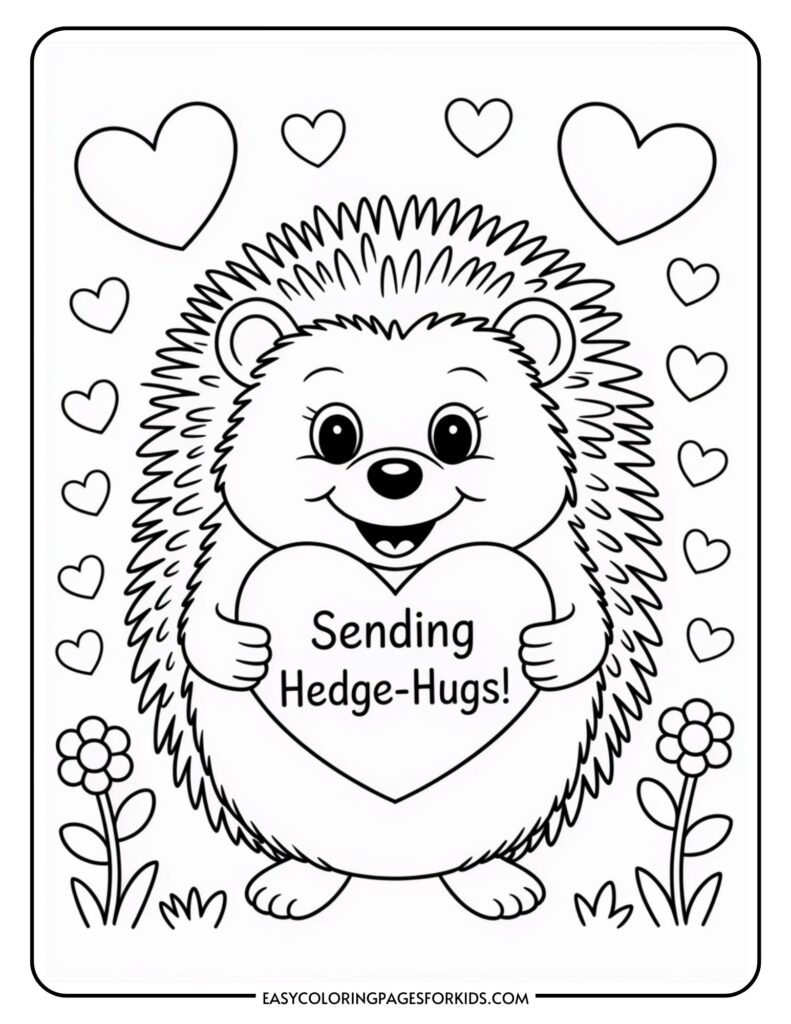 Cute hedgehog holding a heart with the text "Sending Hedge-Hugs!", surrounded by small hearts and flowers.
