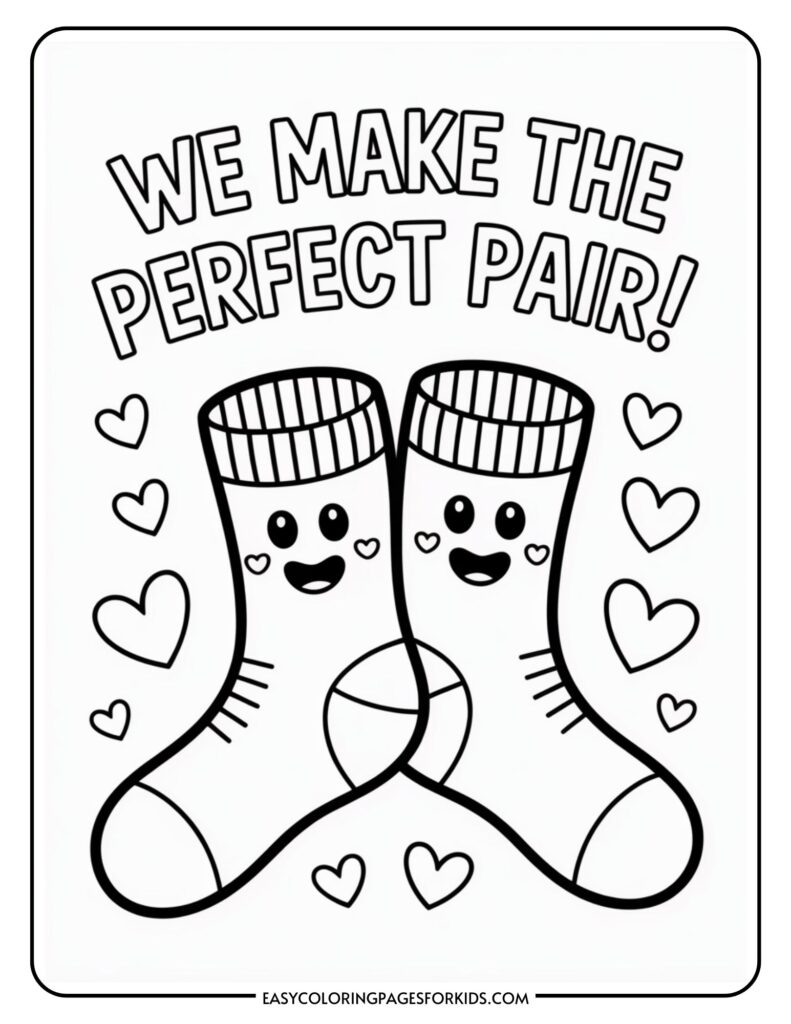 Two cartoon socks with smiling faces, surrounded by hearts, and the text "We Make The Perfect Pair!"
