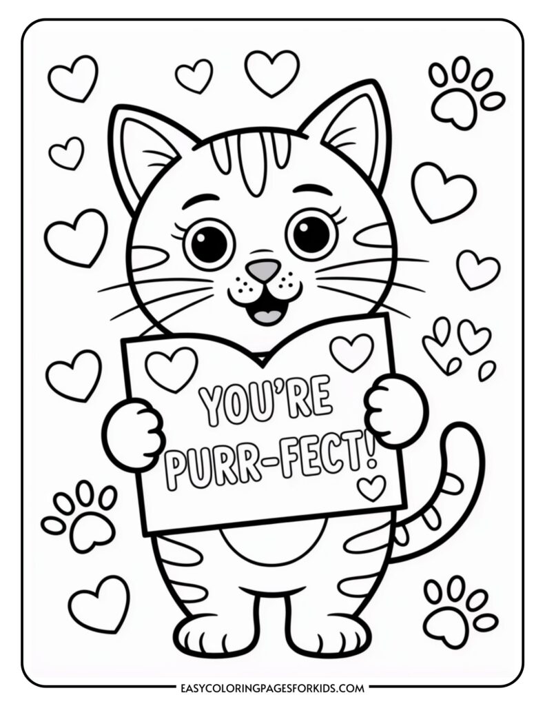 A cartoon cat holding a sign that says "You're Purr-fect," surrounded by hearts and paw prints.