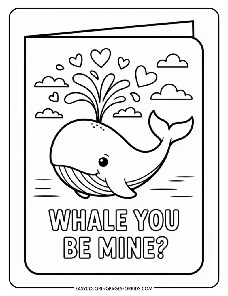 A coloring page featuring a smiling whale with hearts and water spouts around it, and the text "Whale You Be Mine?"