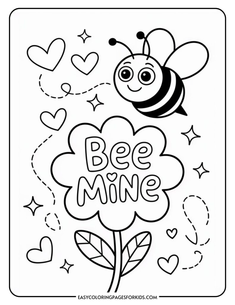 A cute bee flying near a flower with "Bee Mine" text, surrounded by hearts and stars, intended as a coloring page for kids.