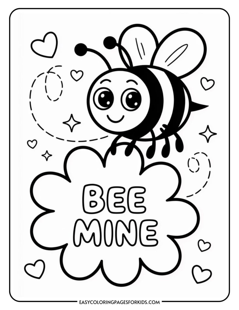 Cute cartoon bee with hearts and swirls, above the words "Bee Mine."