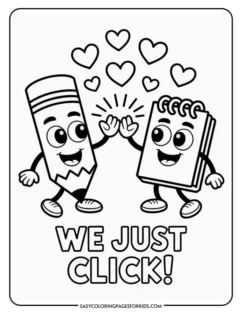A happy cartoon pencil and notebook high-fiving with hearts above and the text "We Just Click!" below.