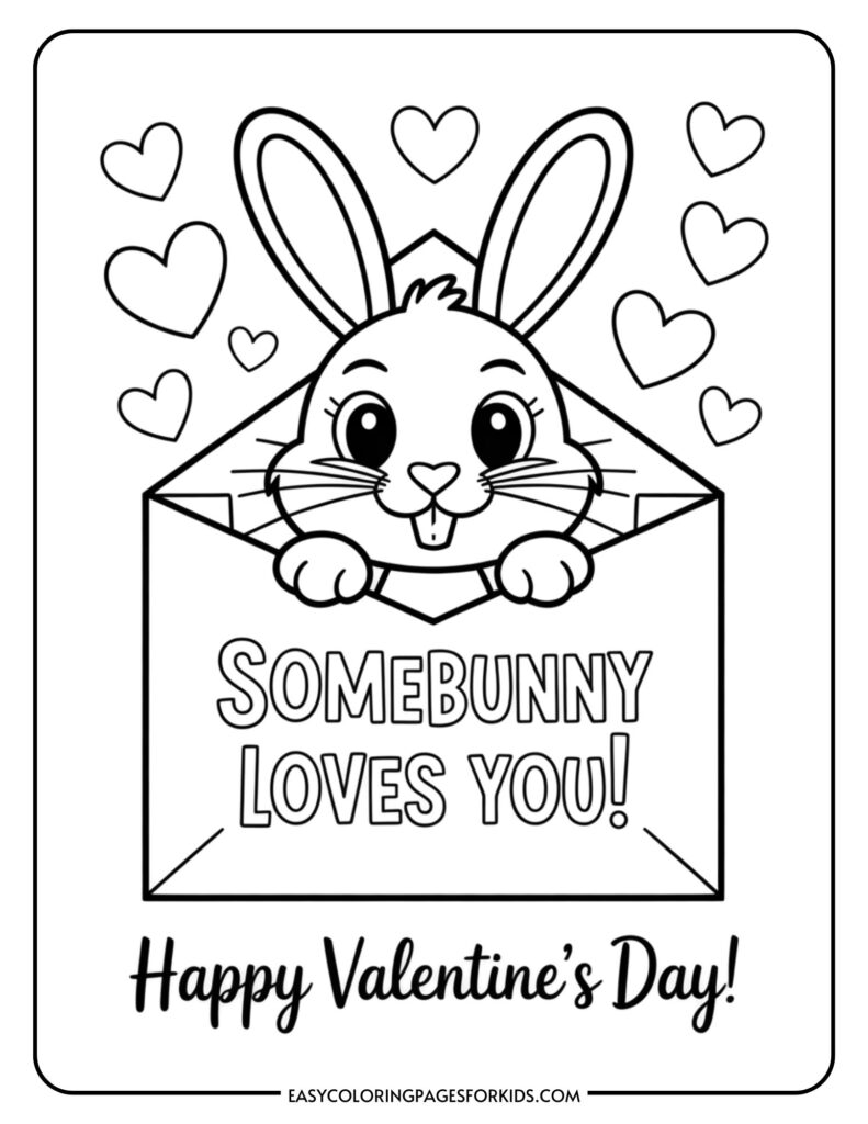 A cartoon bunny peeks from an envelope with hearts around it, featuring the text "Somebunny Loves You! Happy Valentine's Day!"