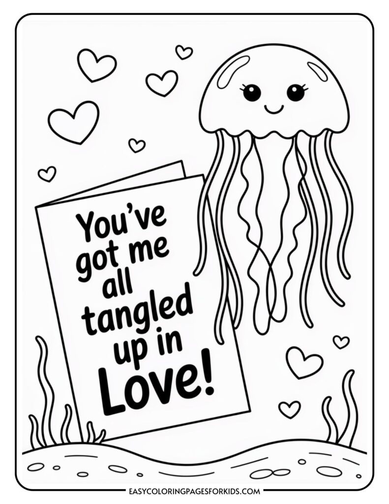 Smiling jellyfish with hearts and text: "You've got me all tangled up in Love!" surrounded by ocean plants.