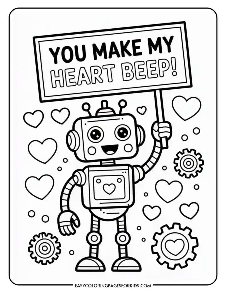 A cartoon robot holding a sign with "You make my heart beep!" surrounded by hearts and gears.