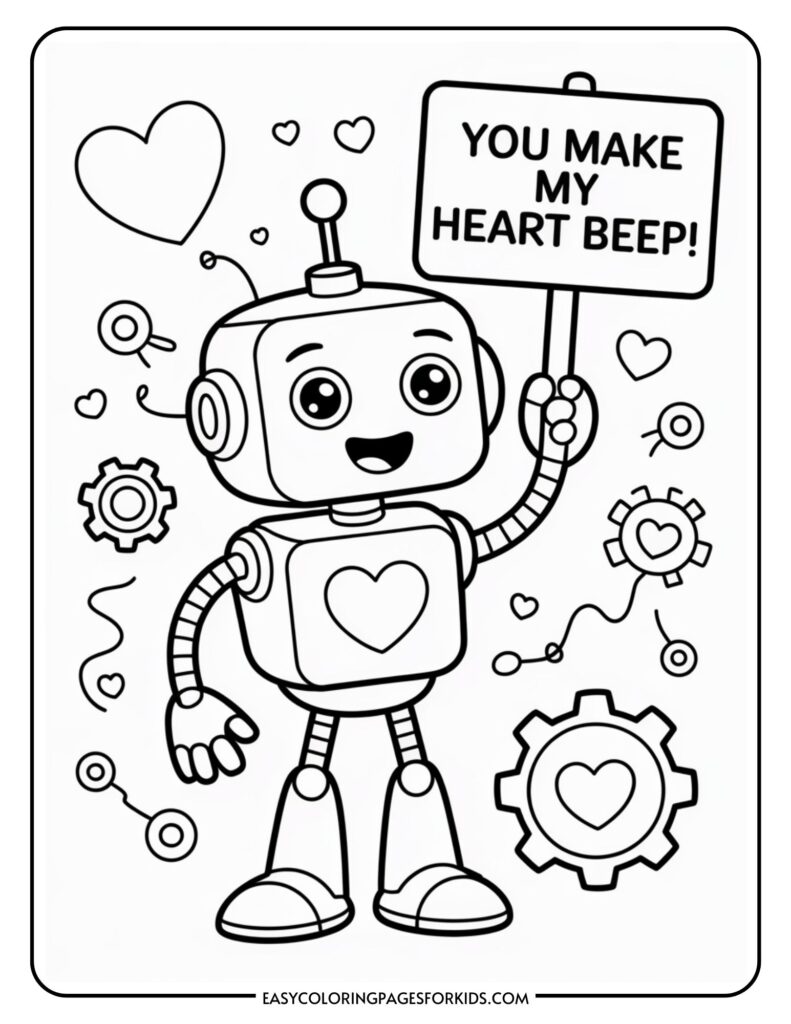 A smiling robot holding a sign that reads "You make my heart beep!" with hearts and gears around it.