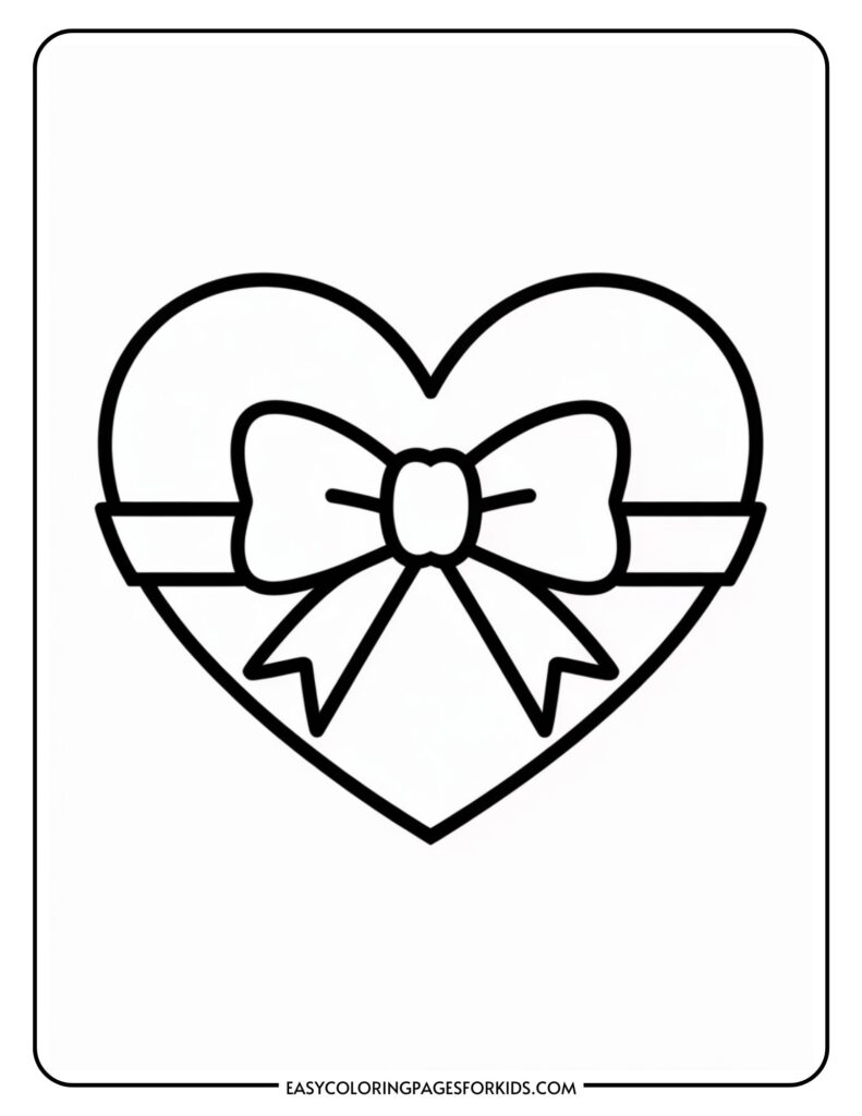 An outlined heart-shaped object with a ribbon bow in the center.