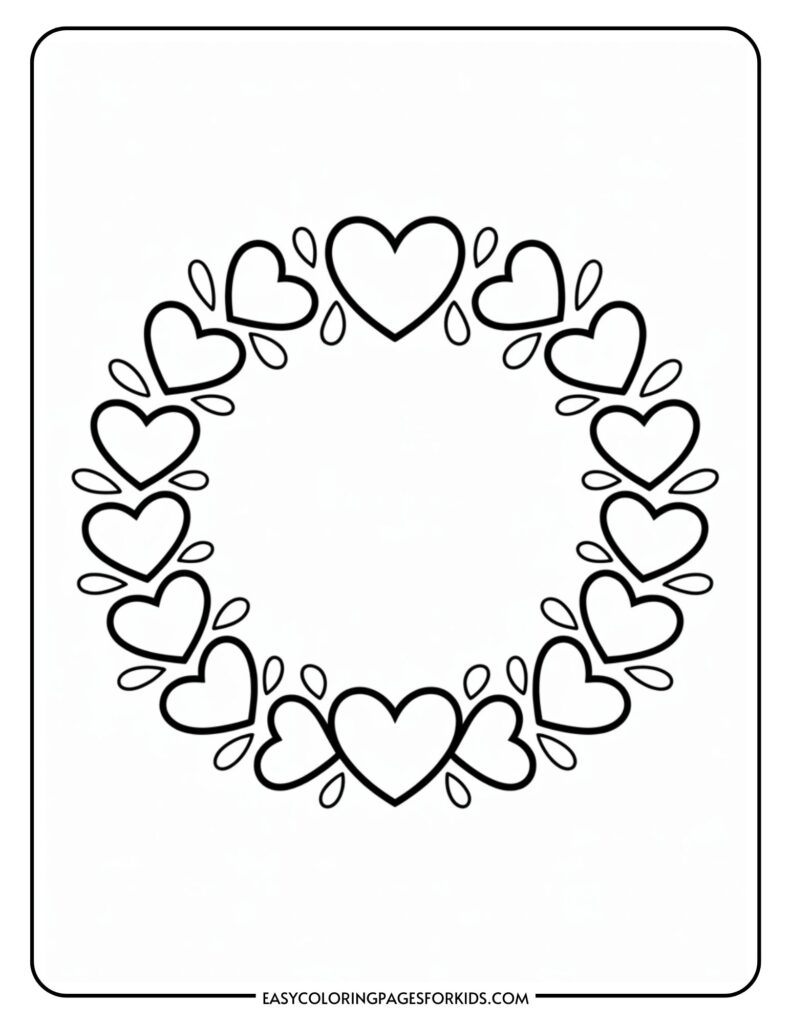 A circular pattern of outlined hearts and small leaf shapes, arranged symmetrically on a plain white background.