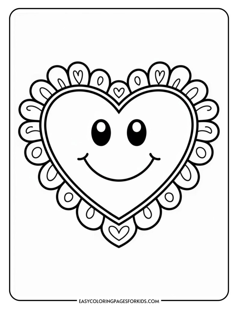 A smiling heart shape with a decorative scalloped edge design.
