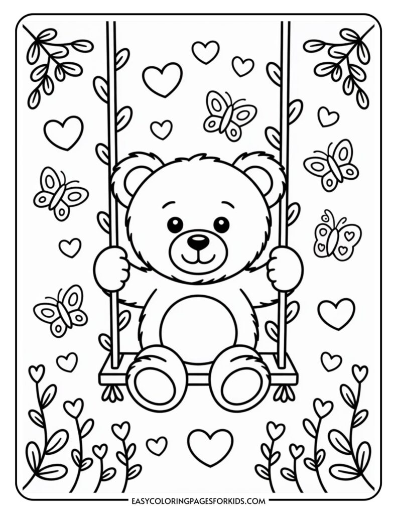A cute teddy bear sits on a swing surrounded by butterflies, hearts, and plants.
