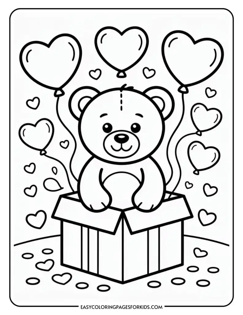 A teddy bear sitting in an open box surrounded by heart-shaped balloons and floating hearts.