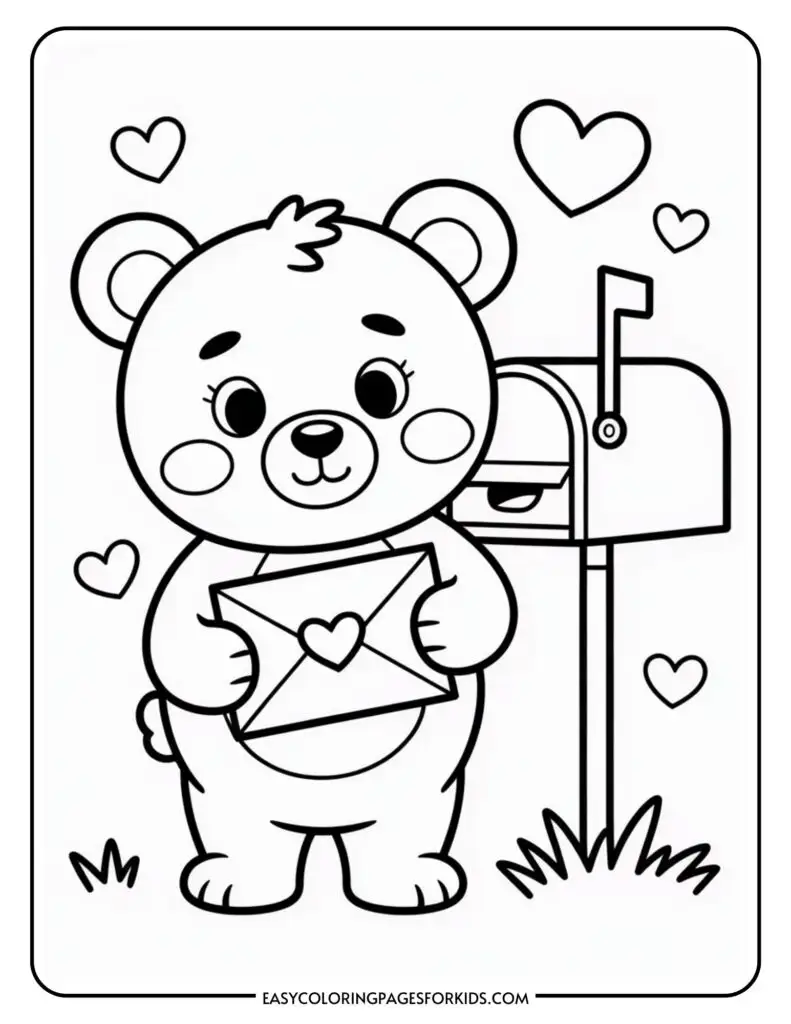 A cartoon bear holding an envelope with a heart near a mailbox, surrounded by hearts.