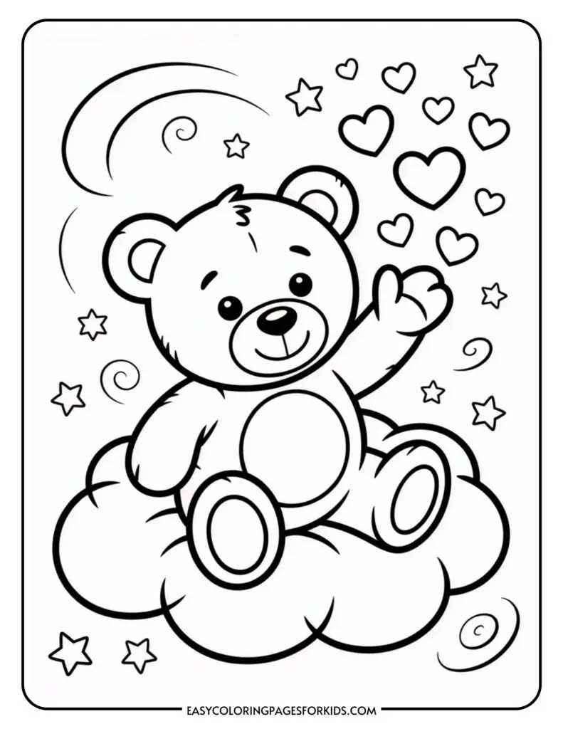 A cartoon teddy bear sitting on a cloud, waving, with hearts and stars around it.