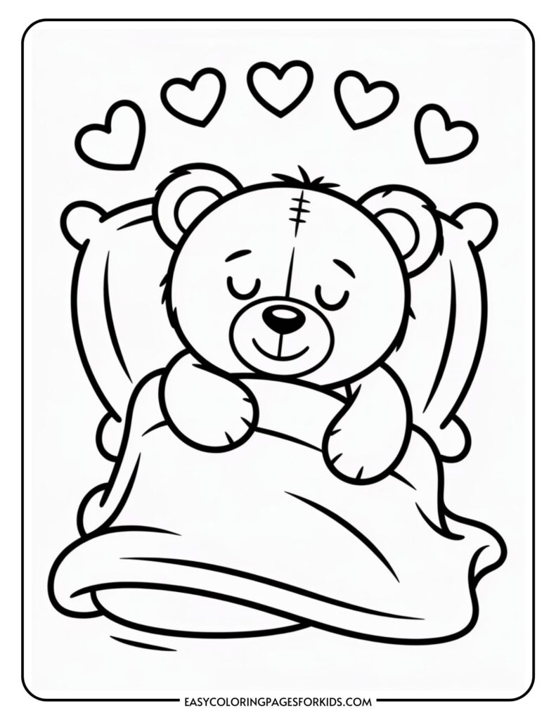 A teddy bear tucked in bed, surrounded by heart shapes above its head.