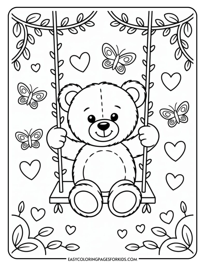 A cute teddy bear holding onto a swing, surrounded by butterflies and hearts, with leafy branches above.