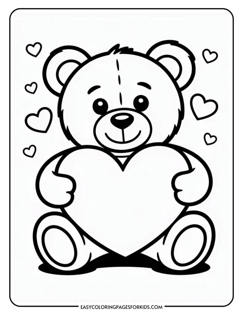 A cartoon teddy bear holding a large heart, surrounded by small hearts, in a coloring page format.