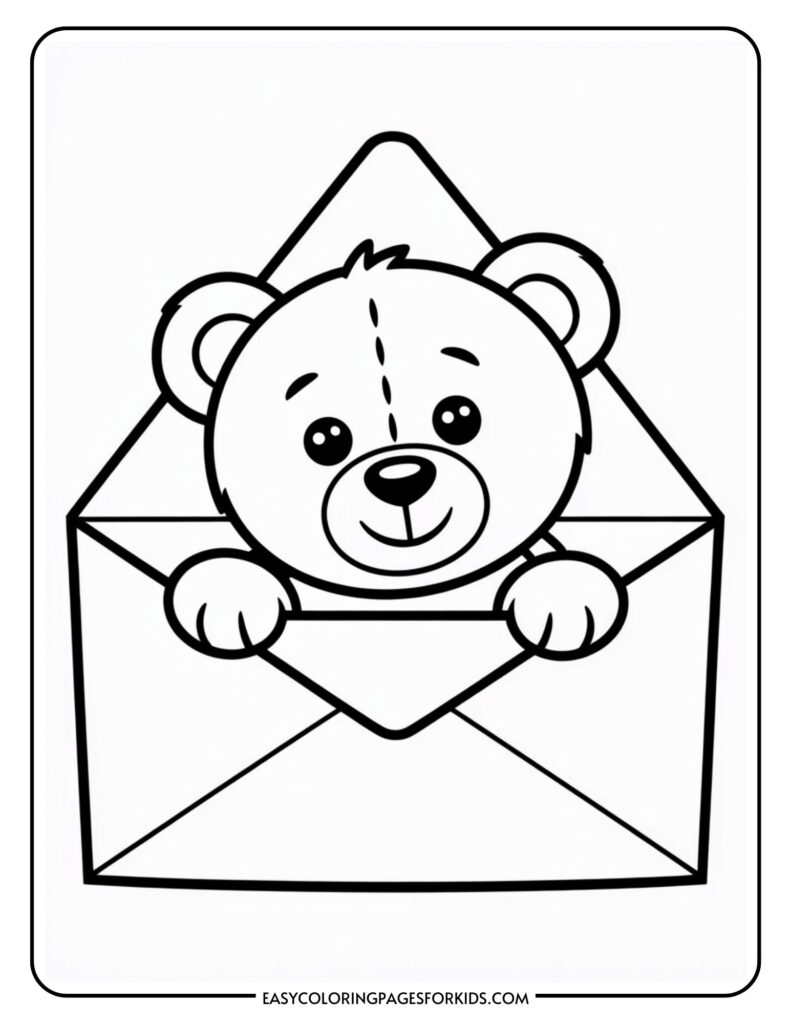 Cartoon bear peeking out of an envelope, with a simple black-and-white line drawing style.