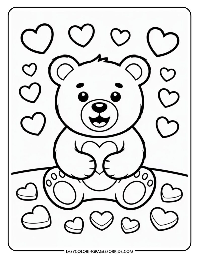 A cute bear holding a heart, surrounded by floating hearts, on a coloring page.