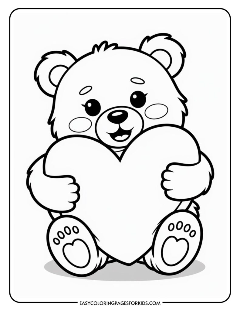 A cute bear holding a large, heart-shaped object with happy expression, outlined for coloring.