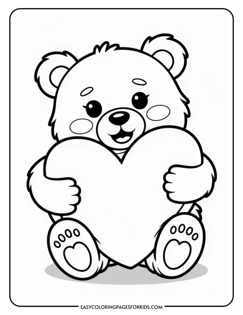 A cute bear holding a large, heart-shaped object with happy expression, outlined for coloring.