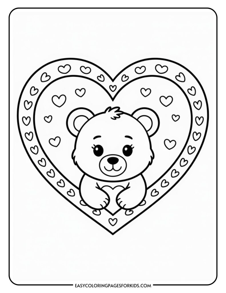 Cute bear with a smiling face framed by a large heart, surrounded by smaller hearts.