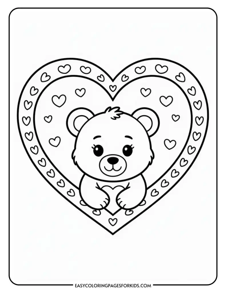 Cute bear with a smiling face framed by a large heart, surrounded by smaller hearts.